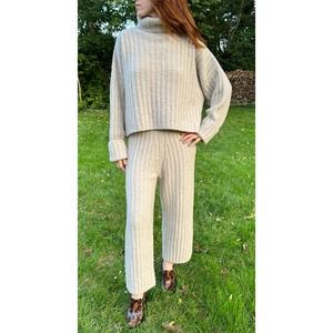 Lauren Manoogian Sz 1 Small Plush Rib Knit Sweater Set Turtleneck Pants Putty